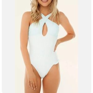 SUGARCOAST Lolli Swim Ruffle High-Neck Blue/White Stripe One Piece Swimsuit MED